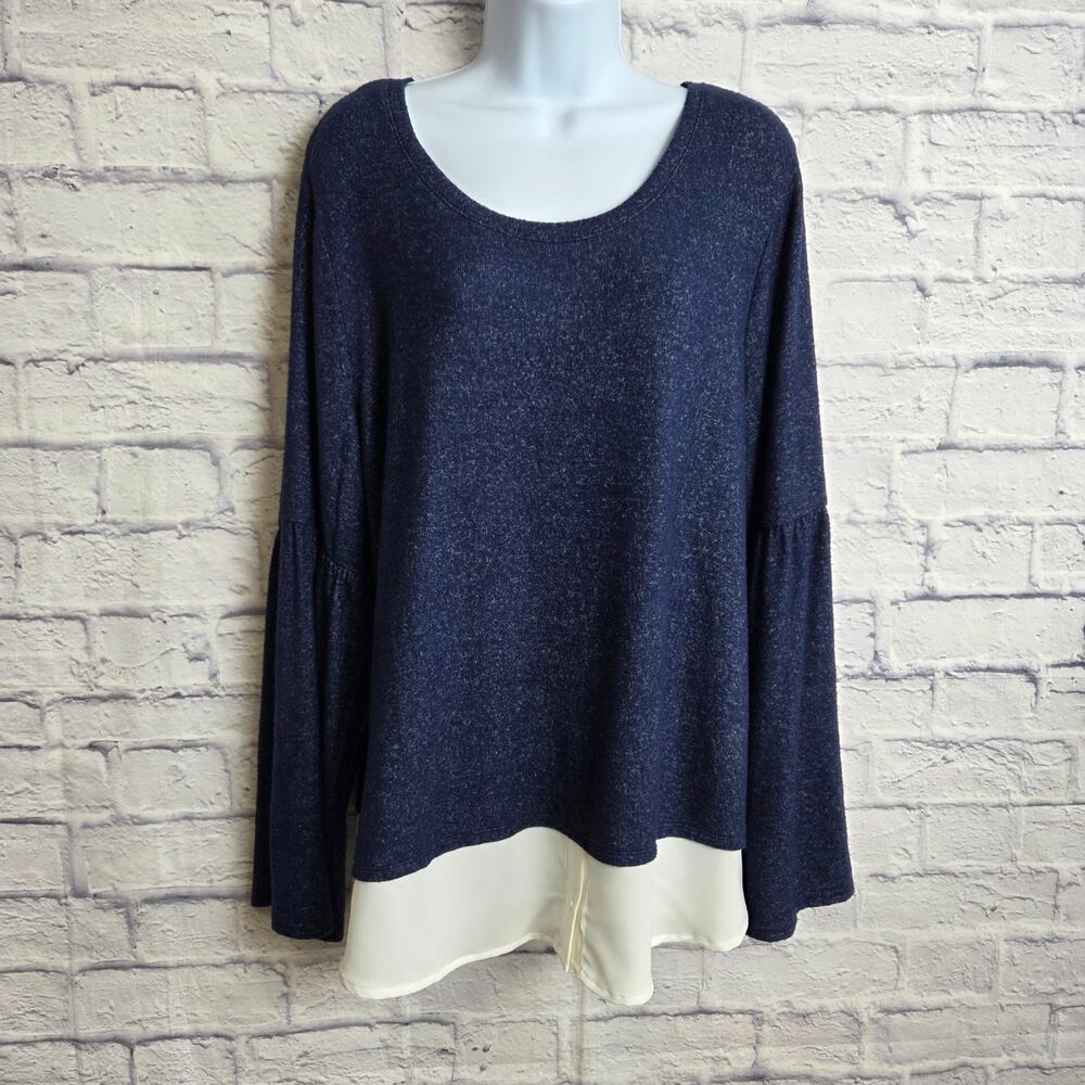 Simply Vera Vera Wang XL Navy Lightweight Sweater Bell Sleeves White Layered Hem